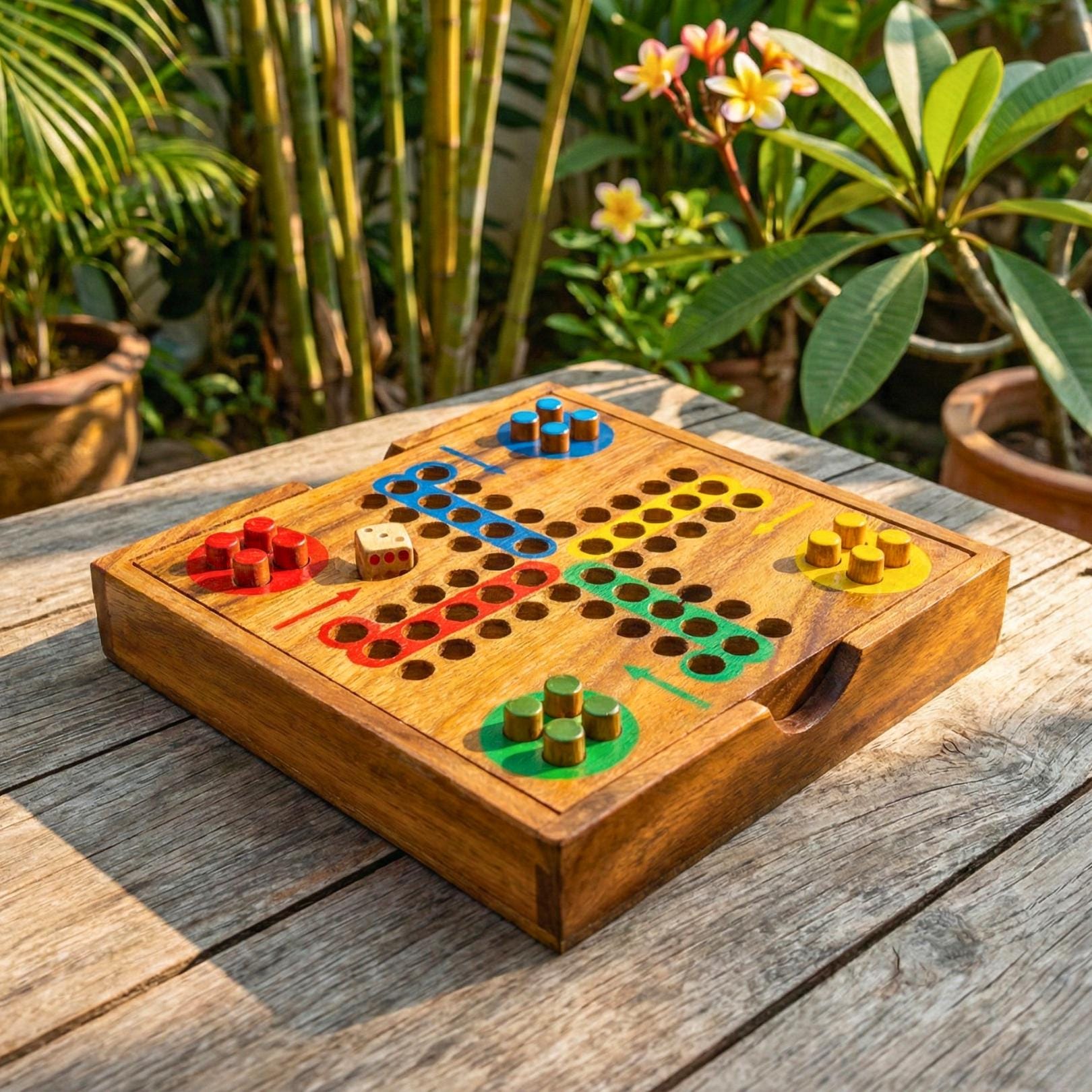 Hand Carved Wood Ludo Game Set: Rustic Portable Board Game Toy