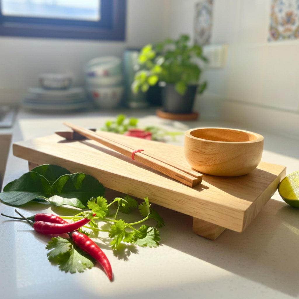 Hand Carved Wood Sushi Platter Set: Minimalist Light Wood Teaware