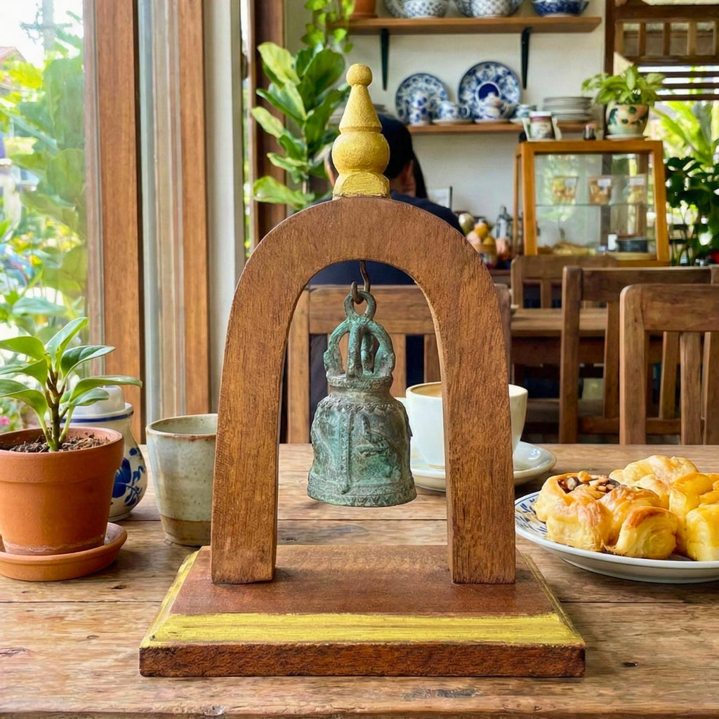 Handcrafted Wood Arch Bell Stand: Aged Brass Temple Bell Rustic Accent