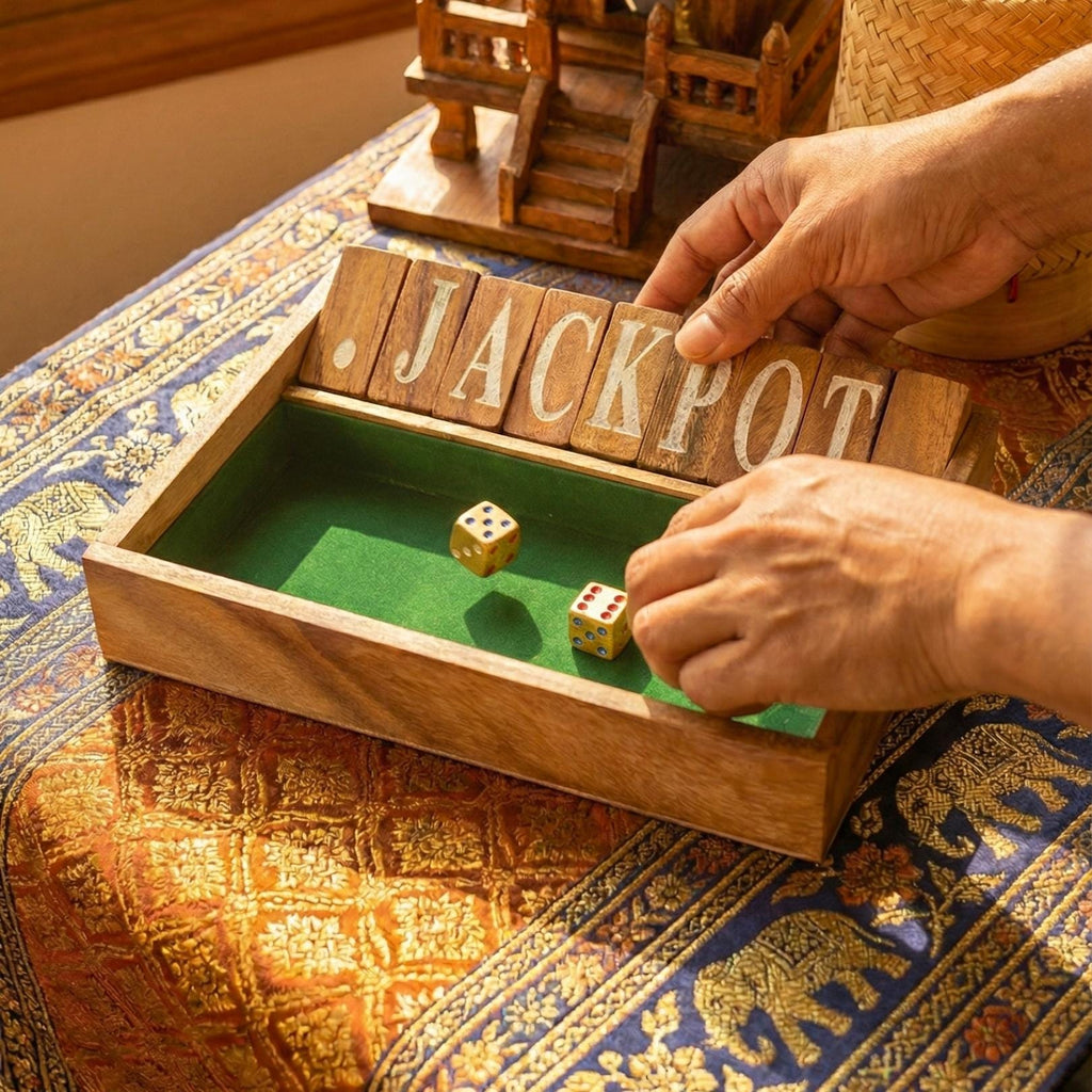 Hand Carved Acacia Wood Jackpot Game: Shut the Box Traditional Board Game & Toy