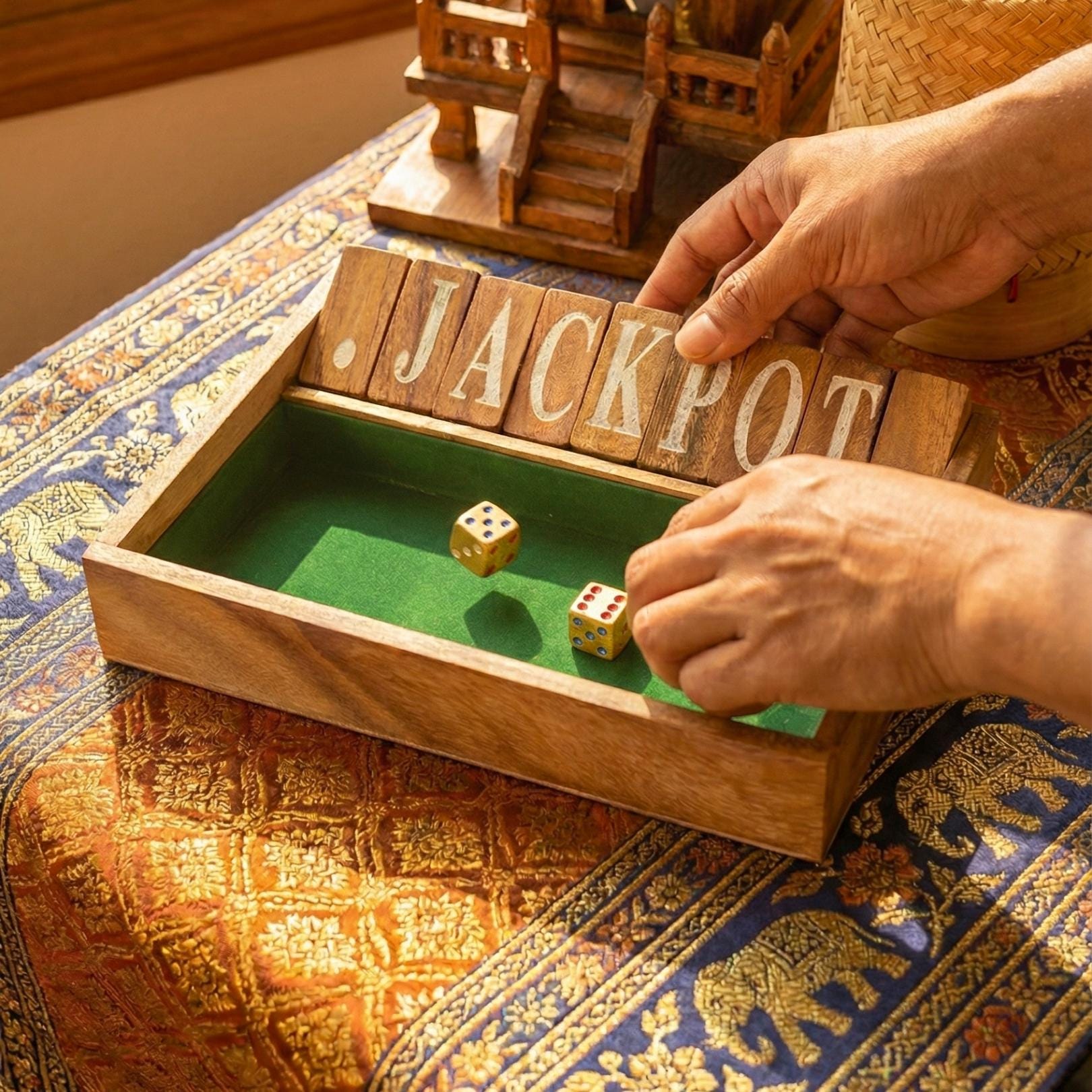 Hand Carved Acacia Wood Jackpot Game: Shut the Box Traditional Board Game & Toy