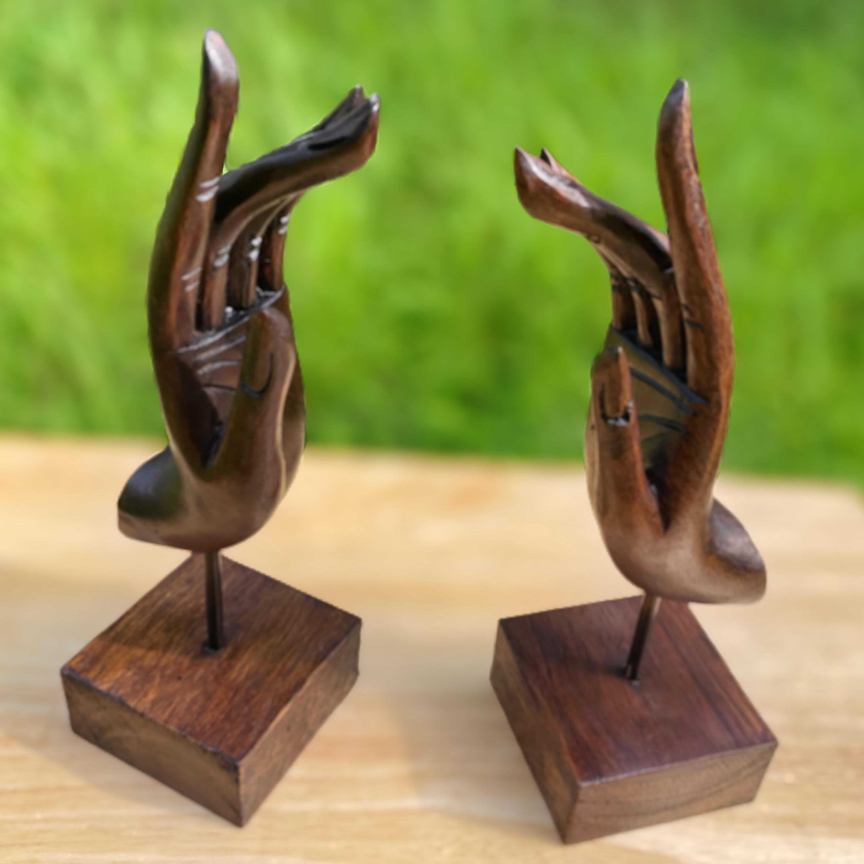 Hand Carved Wood Mudra Sculpture Set of 2: Abhaya Inspired Thai Decor