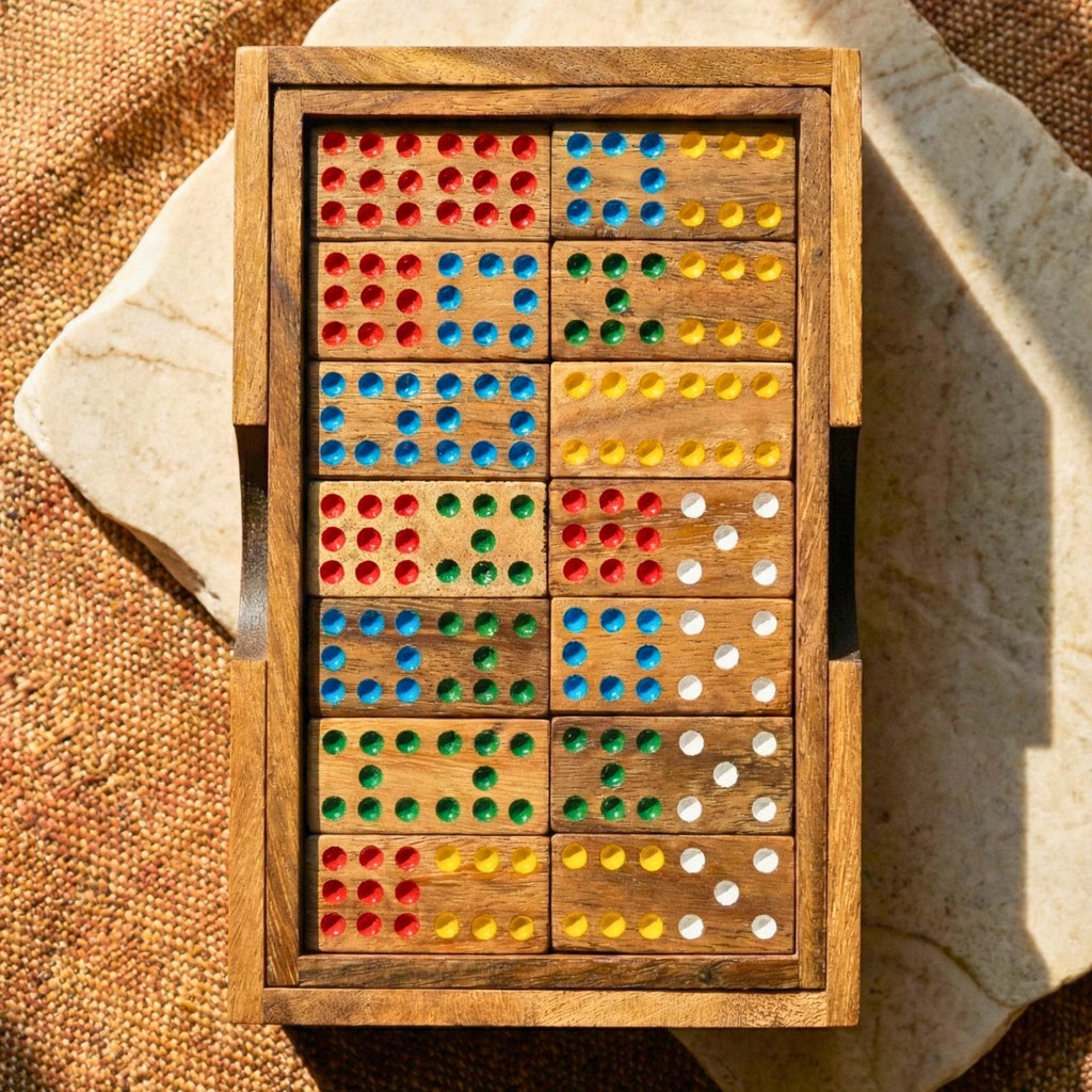 Hand Carved Acacia Wood Dominoes Set: Traditional Tabletop Game Toy