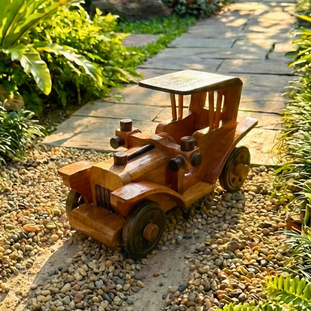 Hand Carved Wood Model-T Car: Antique Vintage Automobile Desk Decor