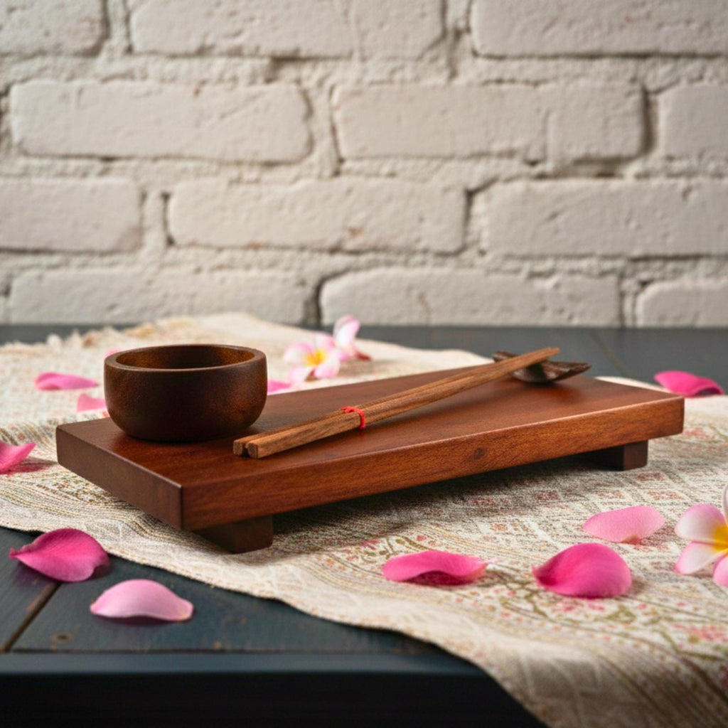 Hand Carved Wood Sushi Serving Platter: Warm Tone Asian Fusion Tableware