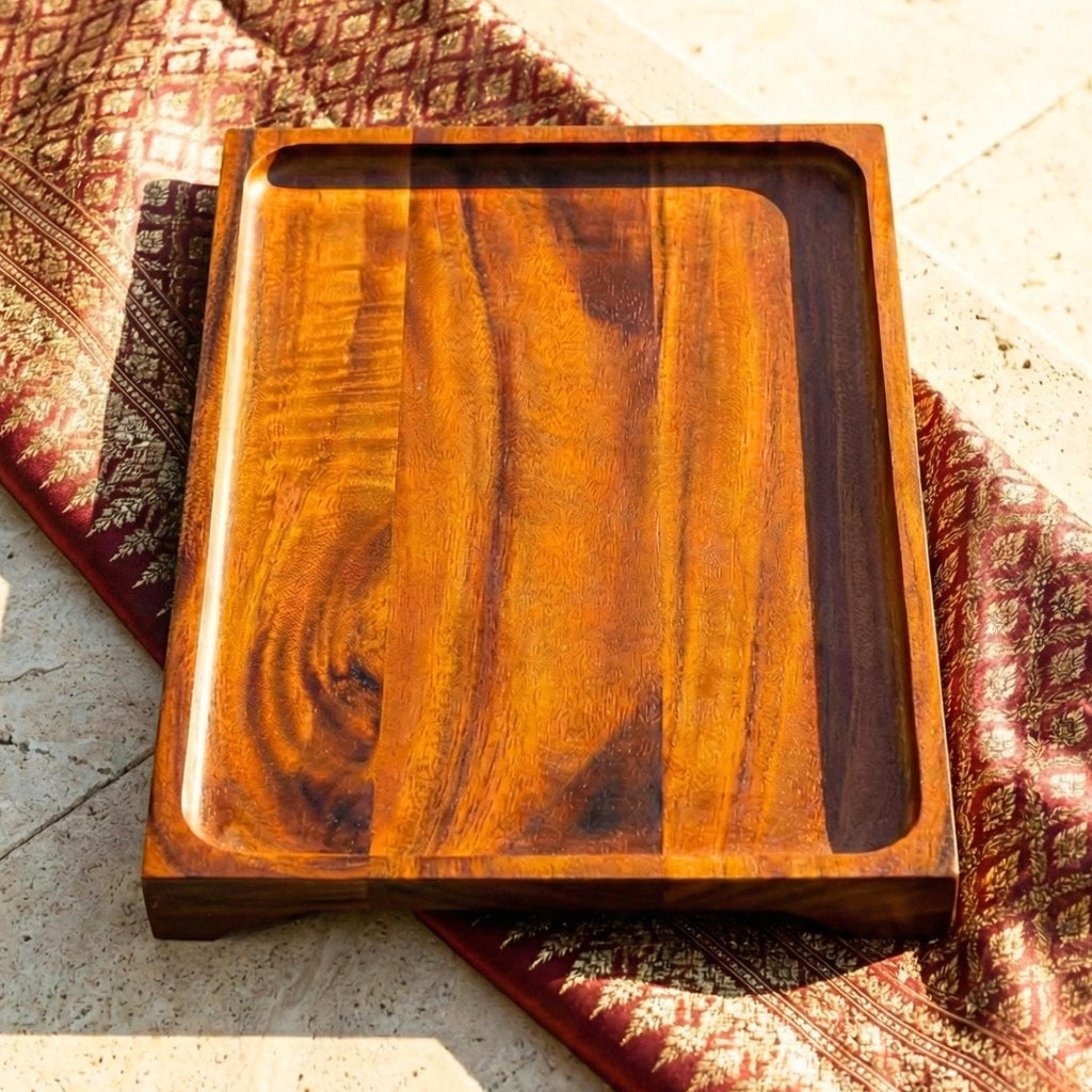 Large Hand Carved Teak Wood Serving Tray: Tea & Coffee Table Platter