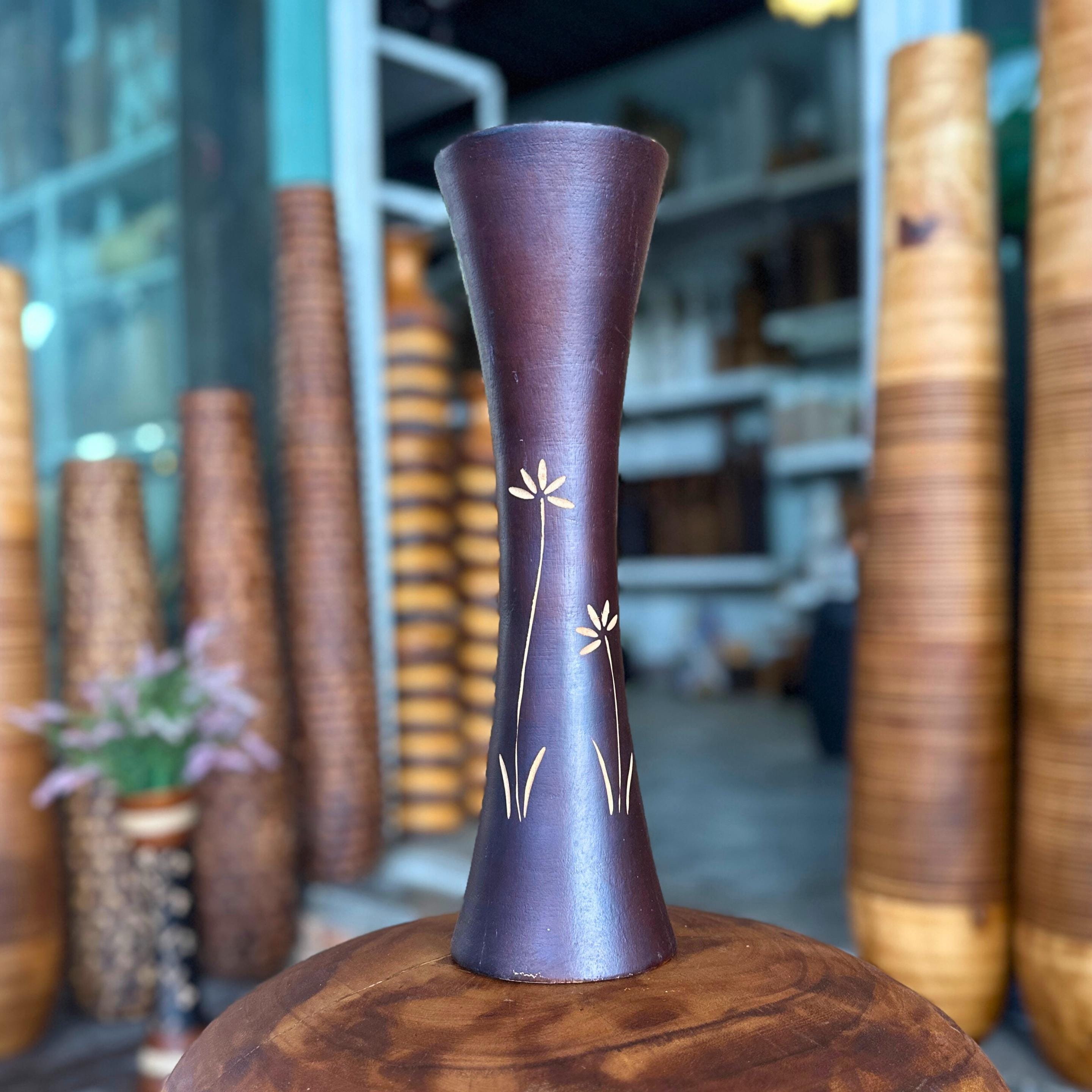 Hand Carved Wooden Tabletop Vase: Two Tone Floral Rustic Decor