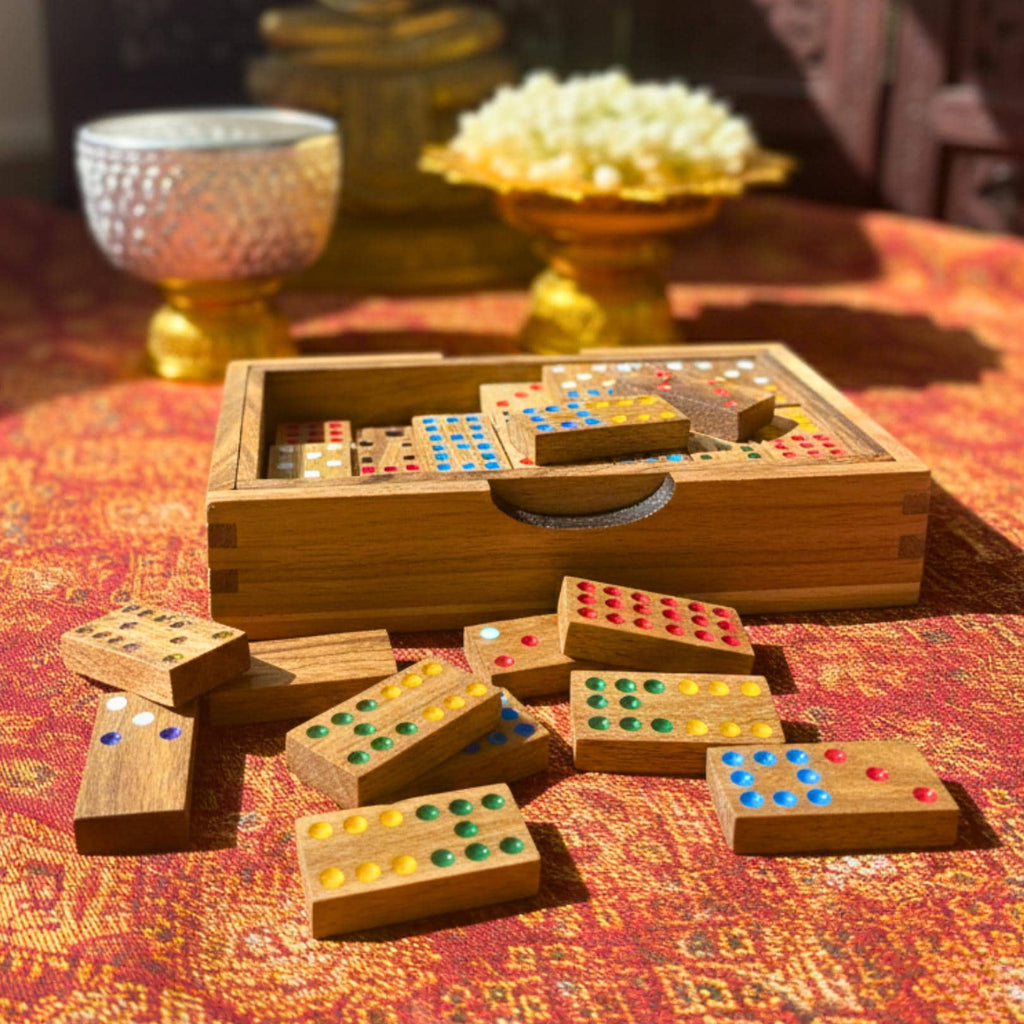 Hand Carved Acacia Wood Dominoes Set: Traditional Tabletop Game Toy