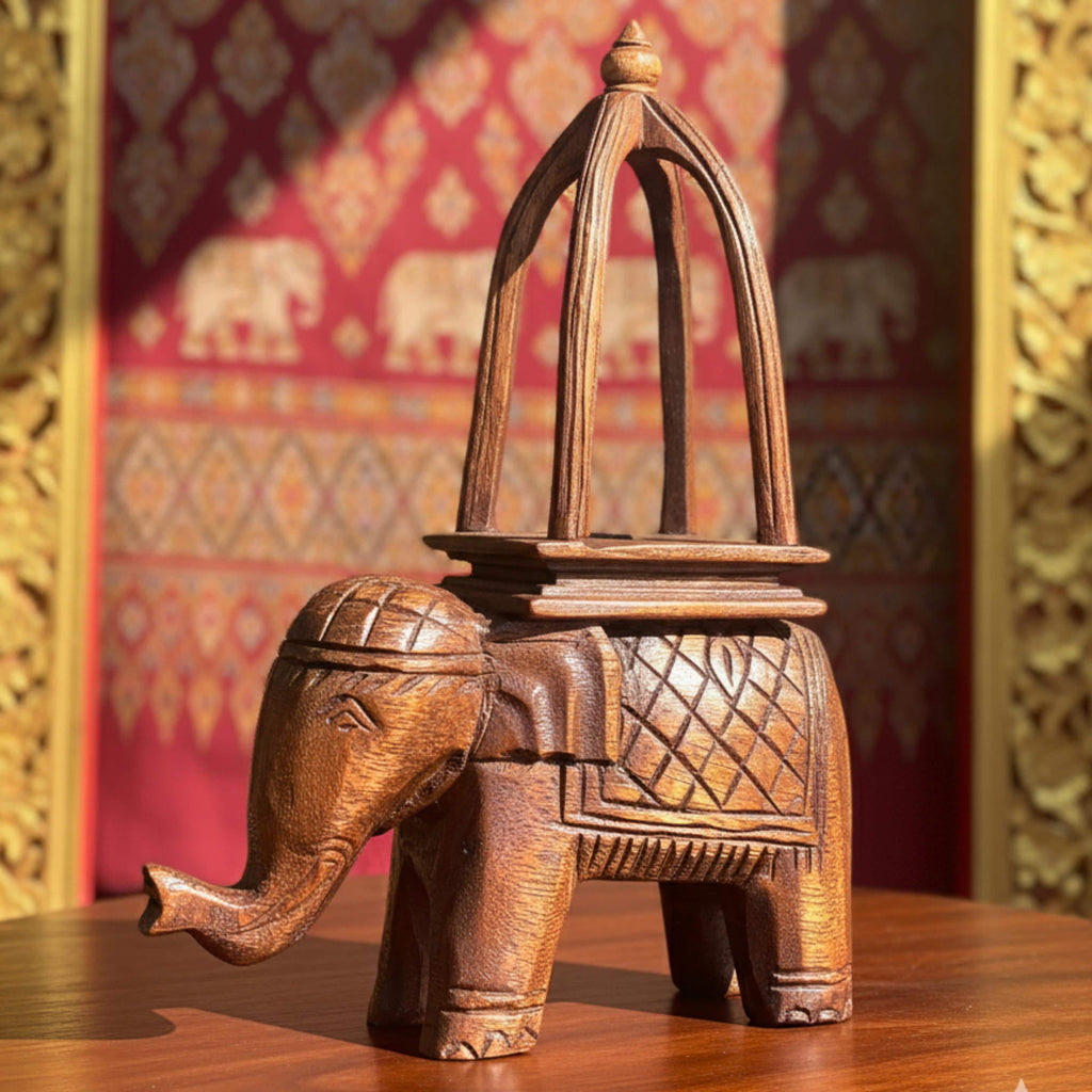 Hand Carved Wood Ceremonial Elephant: Thai Display Riser & Home Decor