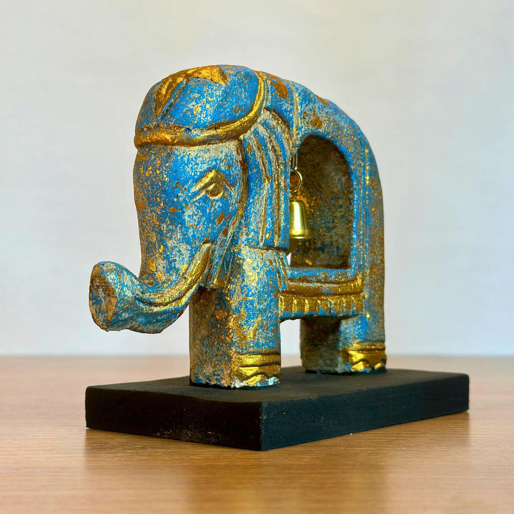 Handcarved Elephant with Bell: Wood Brass Figurine Symbolic Decor