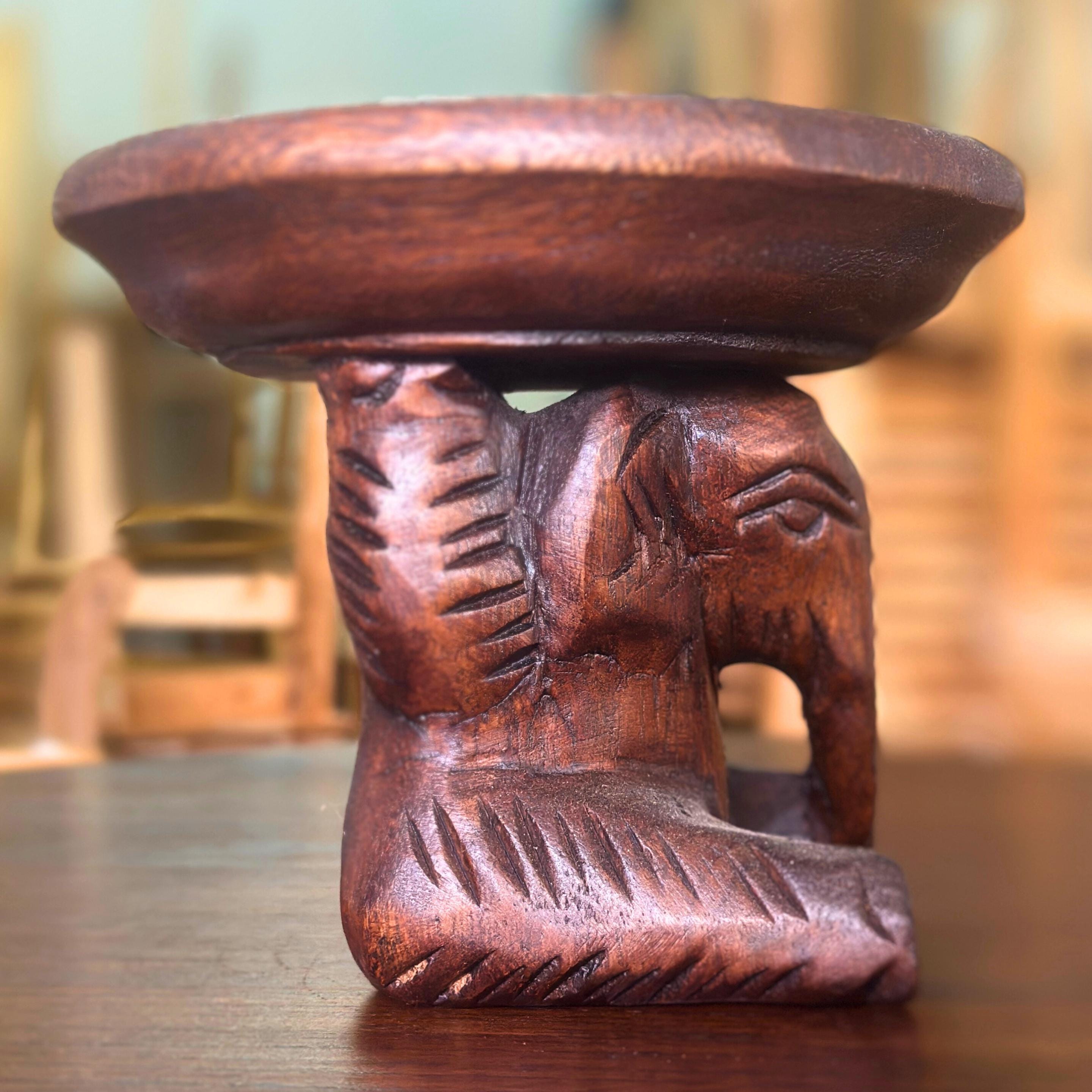 Hand Carved Elephant Pedestal Dish: Wood Soap Holder Spa Accessory