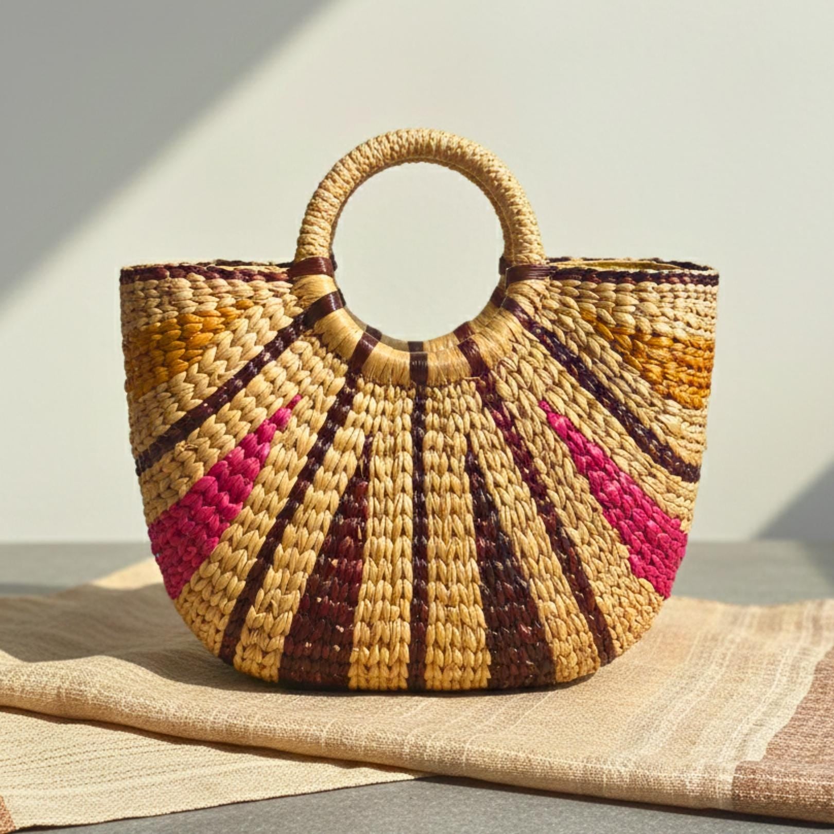 Hand Woven Wicker Handbag: Rustic Boho Tote with Round Handles