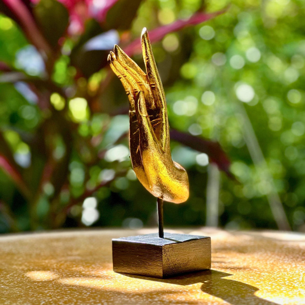 Golden Hand Sculpture: Upcycled Wood Dhyana Mudra | Vintage Zen Decor, Jewelry Holder
