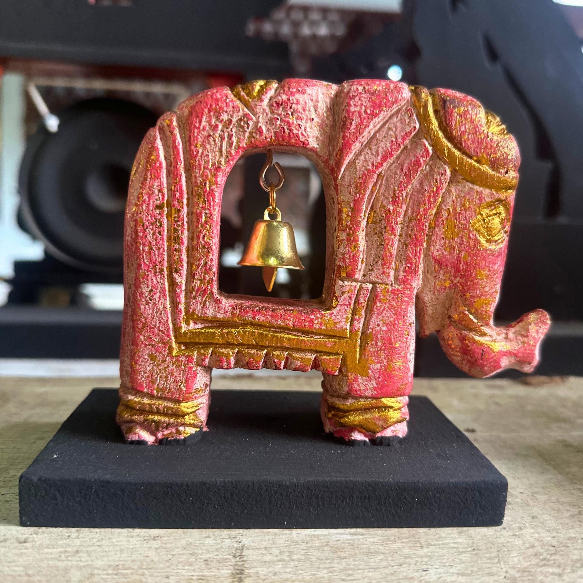 Handcarved Elephant with Bell: Wood Brass Figurine Symbolic Decor