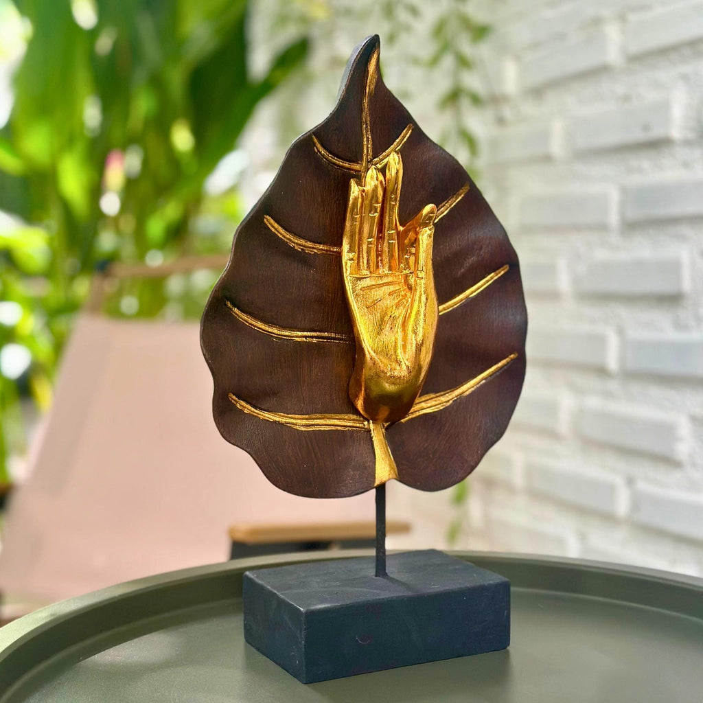 Golden Mudra Hand Sculpture: Thai Meditation Decor in Lotus Leaf