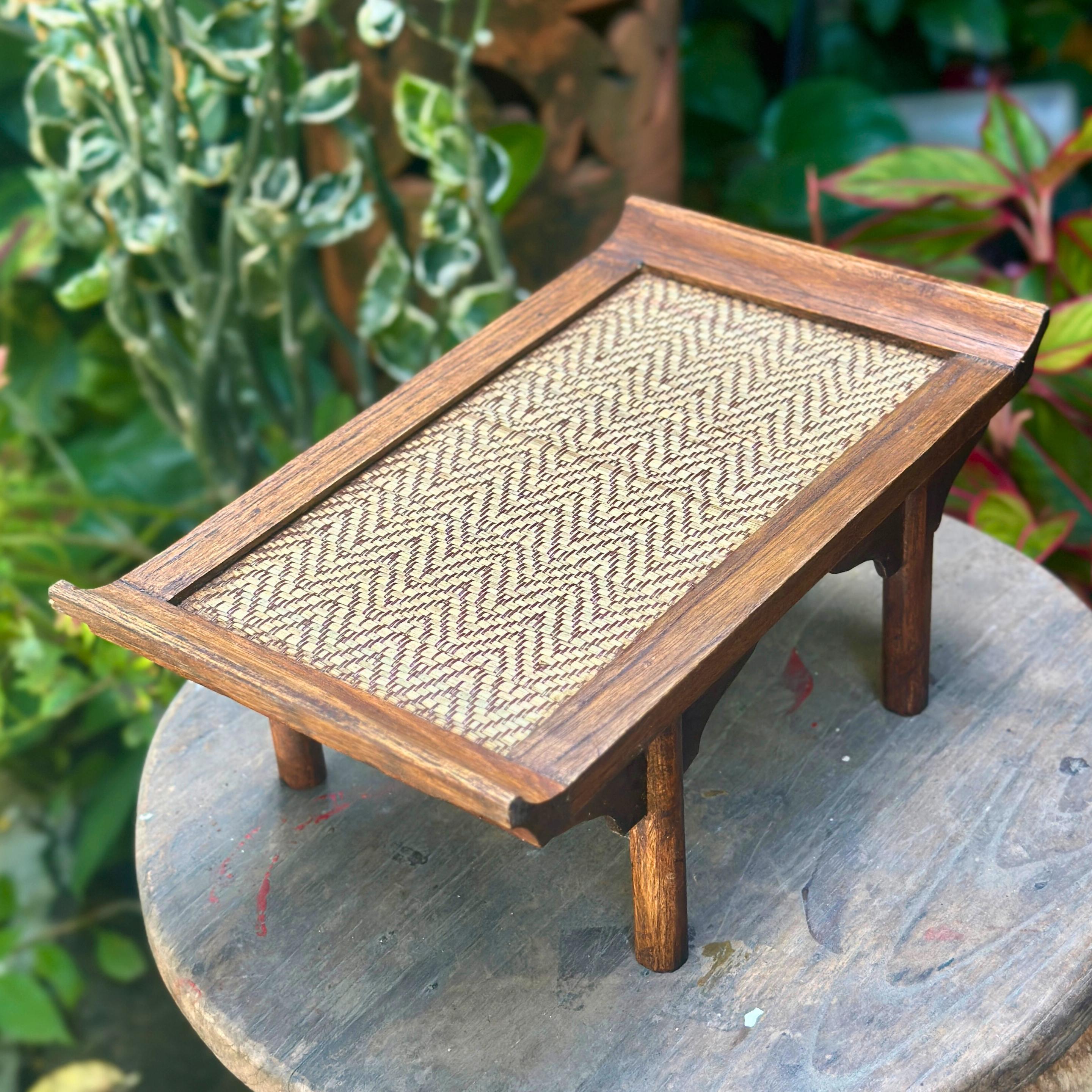 Handcrafted Wooden Altar Pedestal Tray: Woven Rattan Offering Stand