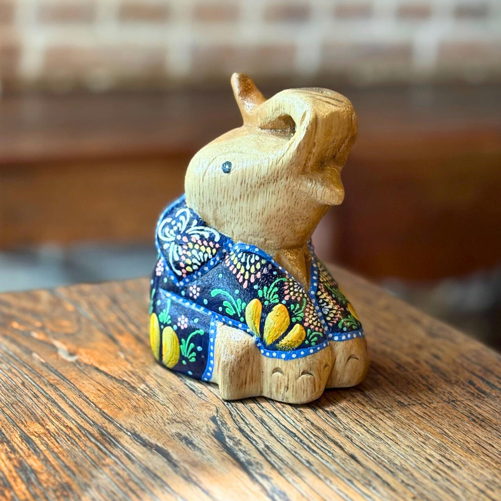 Hand Painted Thai Elephant Figurine: Batik Style Wood Sculpture