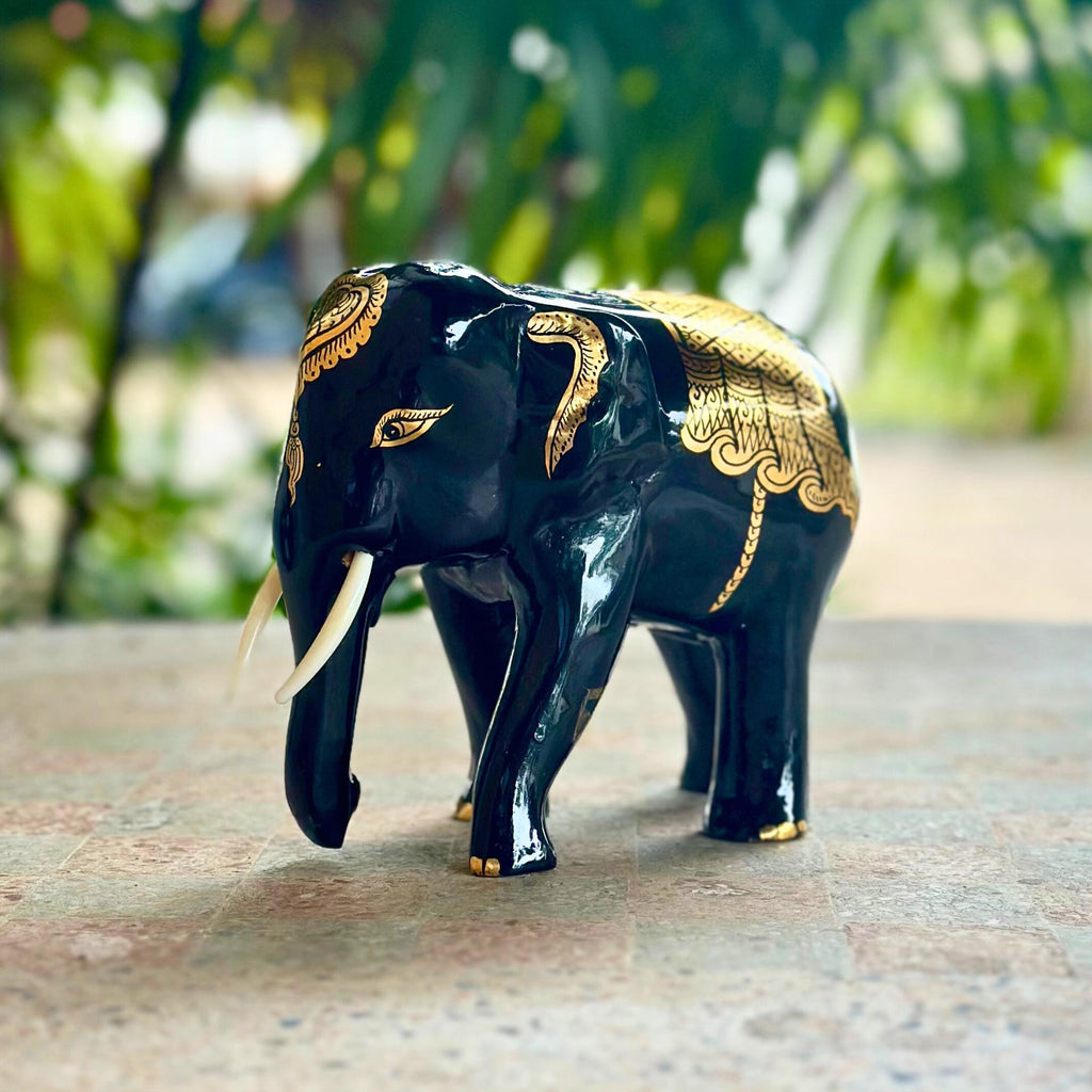 Hand Carved Black Lacquer Elephant Figurine Thai Wood Good Luck Statue Elephant Lover Gift