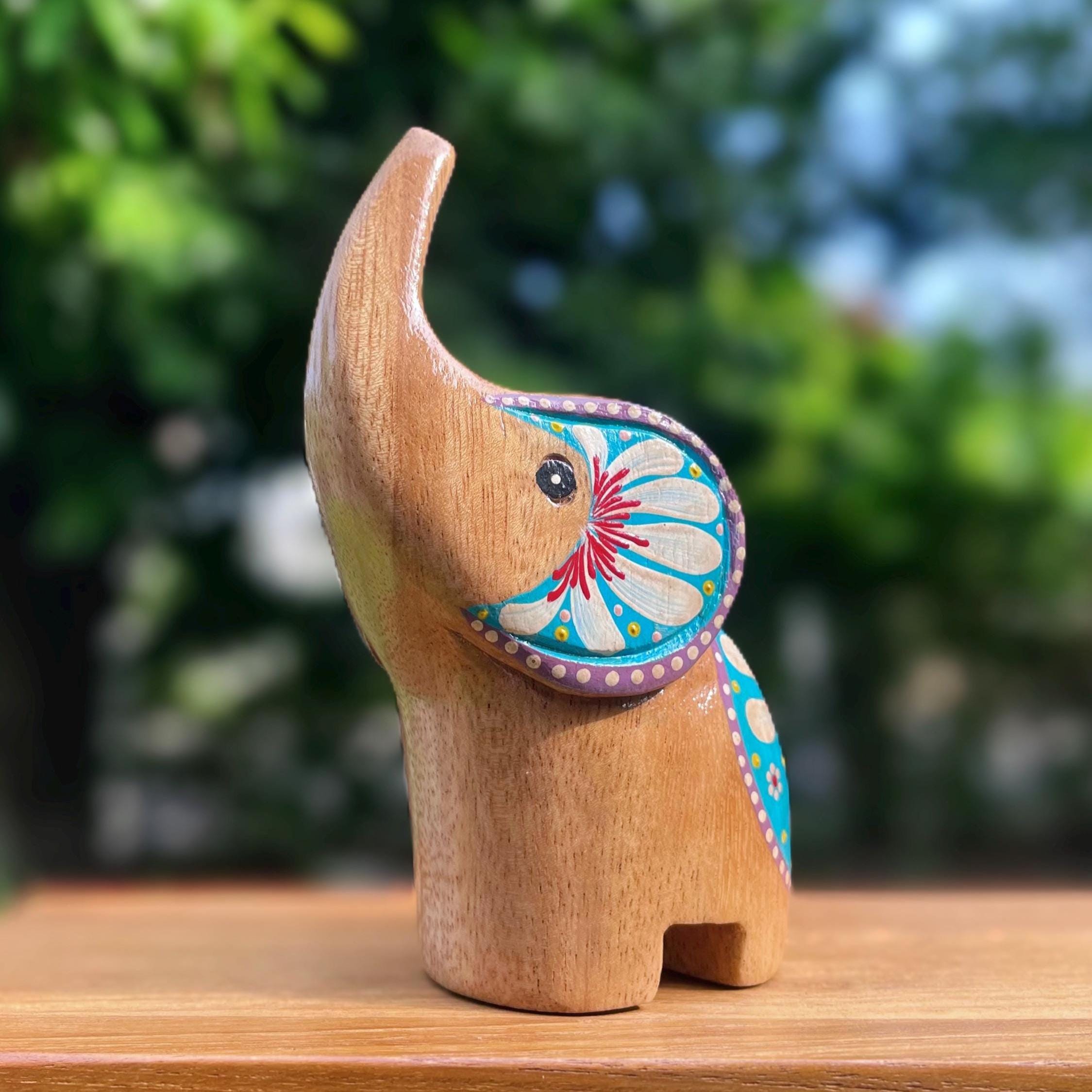 Hand Carved Wood Elephant: Thai Folk Art Lotus Sculpture