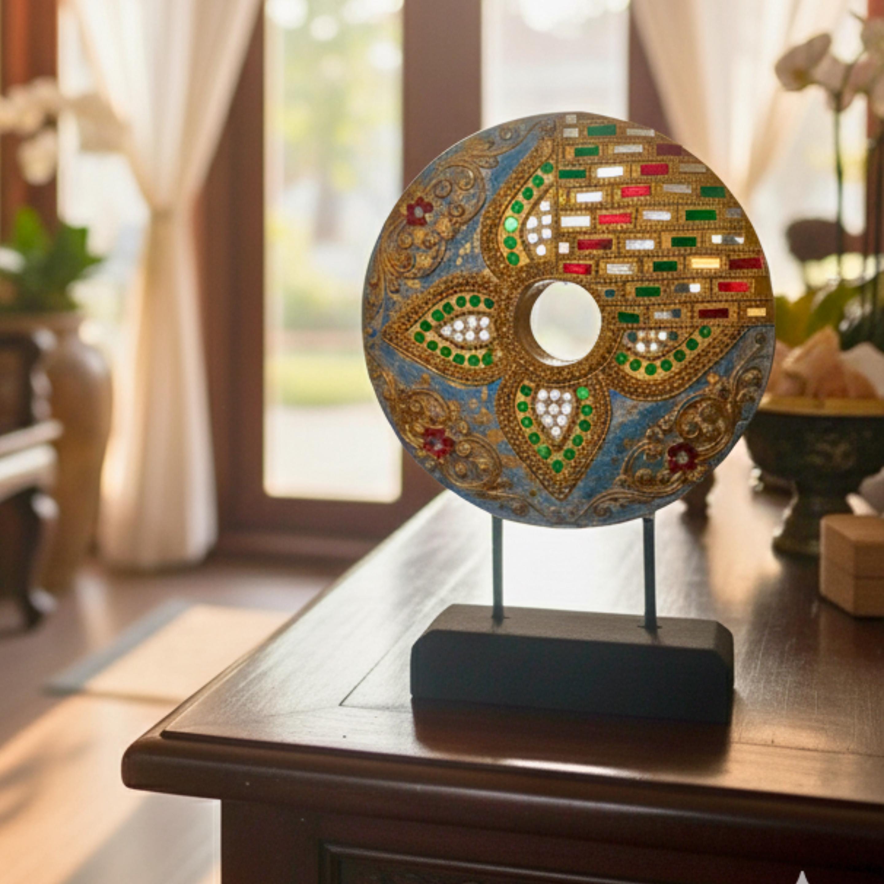 Handcrafted Mandala Disc on Stand (Floral): Thai Wood Sculpture Zen Decor