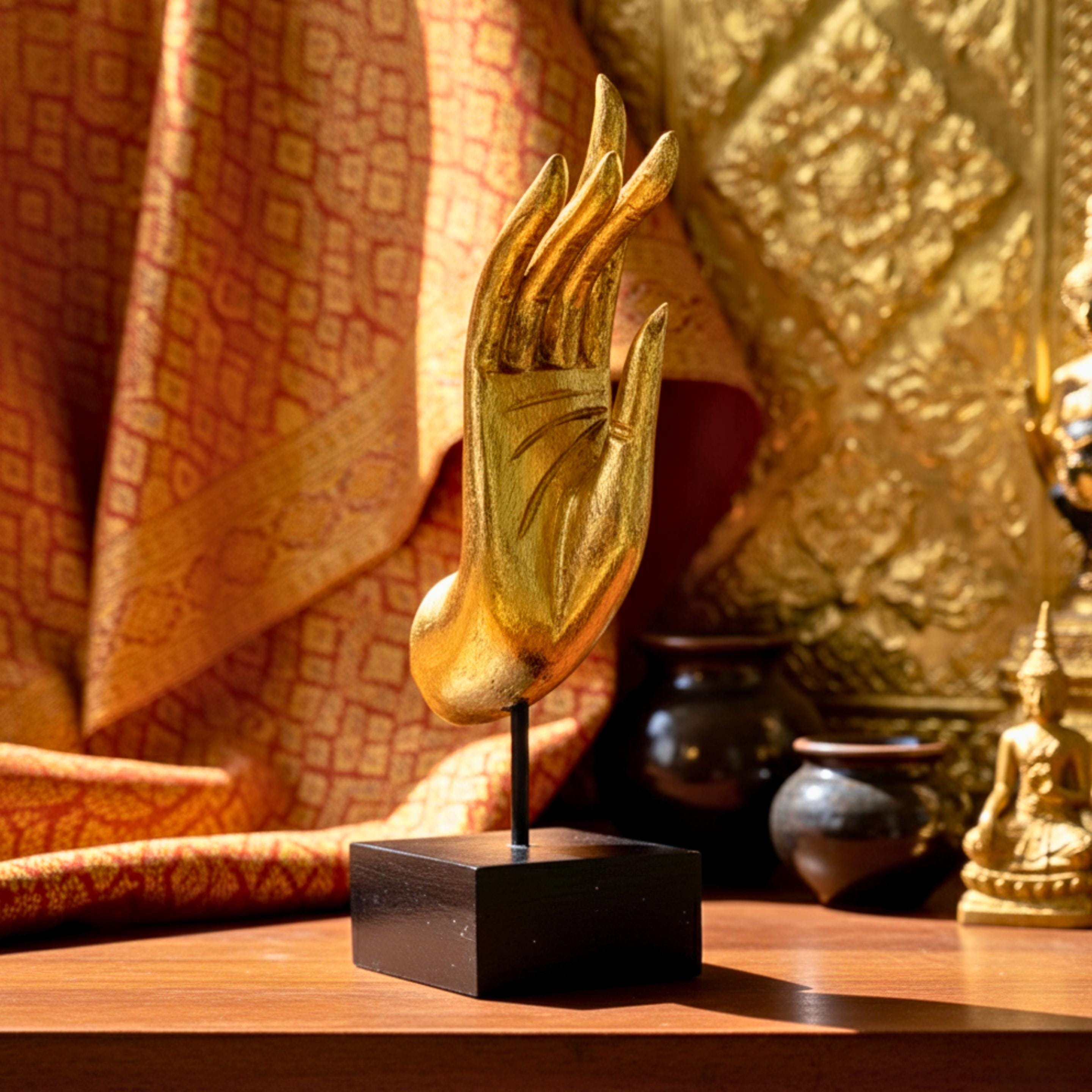 Golden Hand Sculpture: Upcycled Wood Dhyana Mudra | Vintage Zen Decor, Jewelry Holder