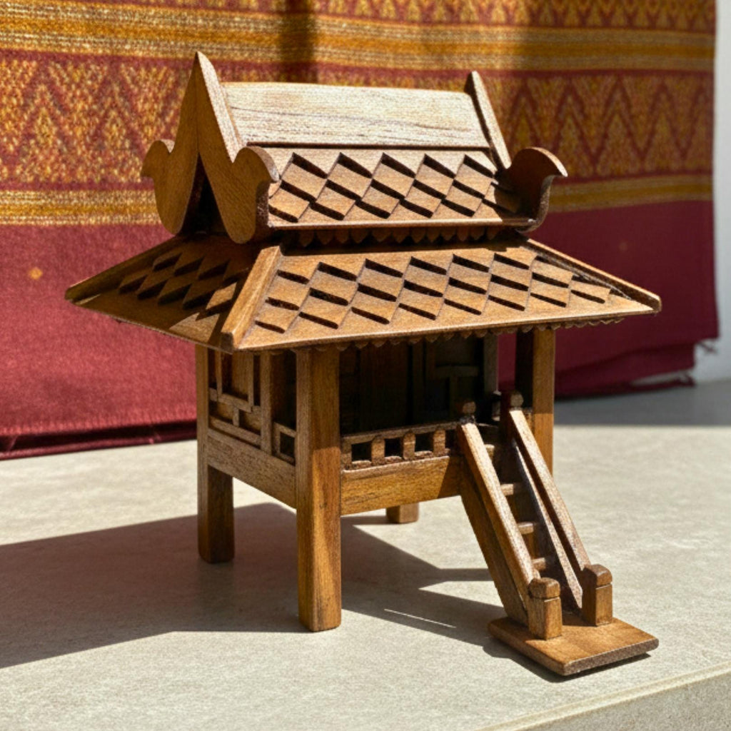 Hand Carved Teak Wood Spirit House: Traditional Thai Architectural Miniature