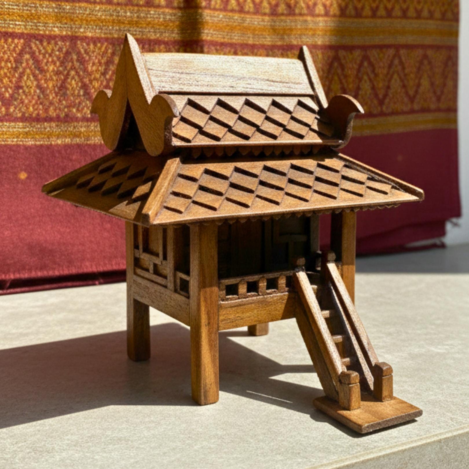 Hand Carved Teak Wood Spirit House: Traditional Thai Architectural Miniature