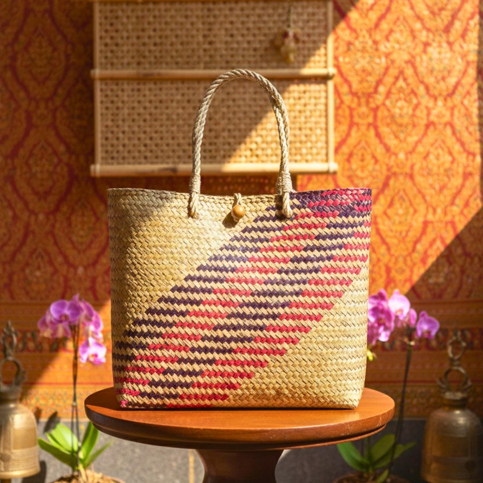 Hand Woven Rattan Market Bag: Large Boho Wicker Tote with Geometric Pattern
