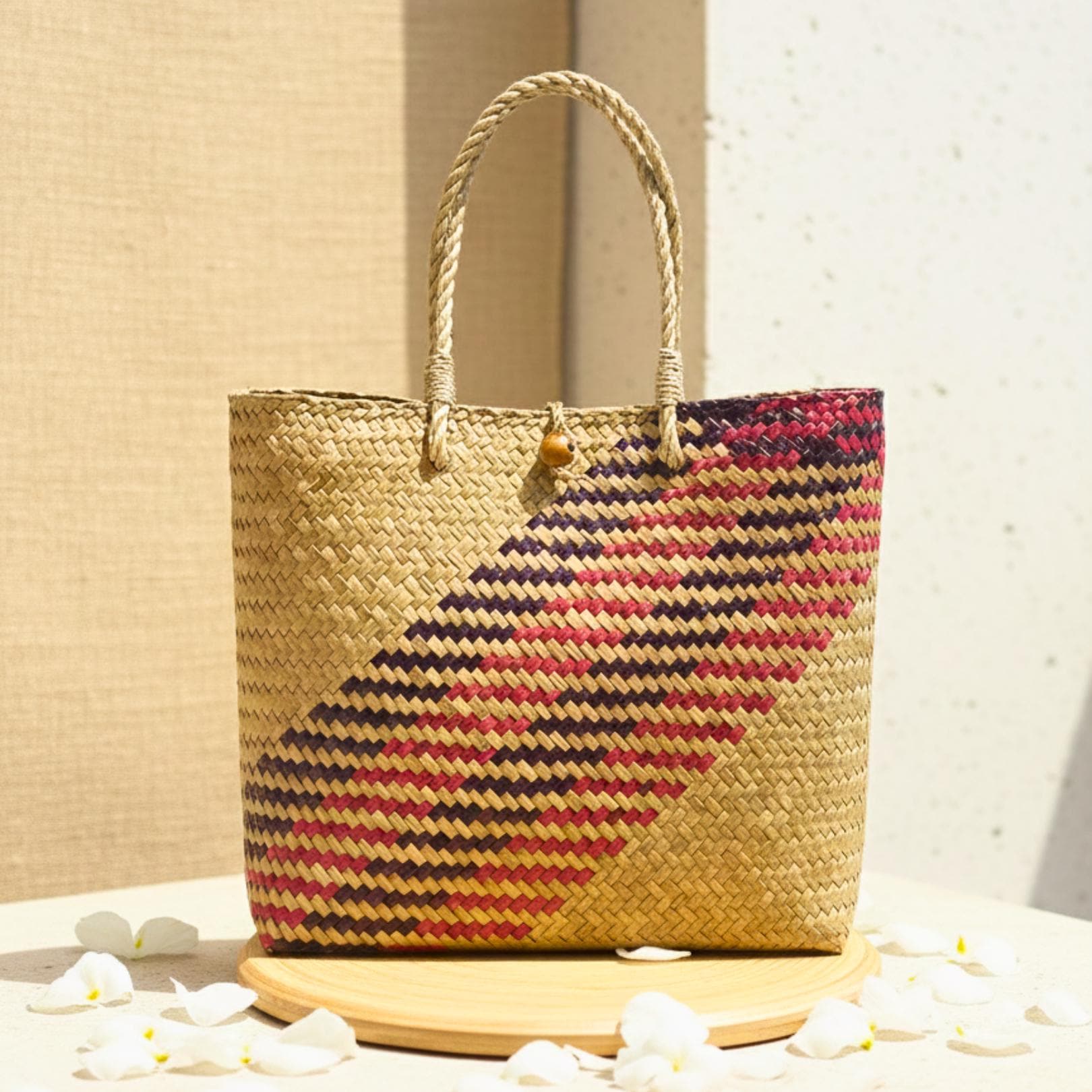Hand Woven Rattan Market Bag: Large Boho Wicker Tote with Geometric Pattern