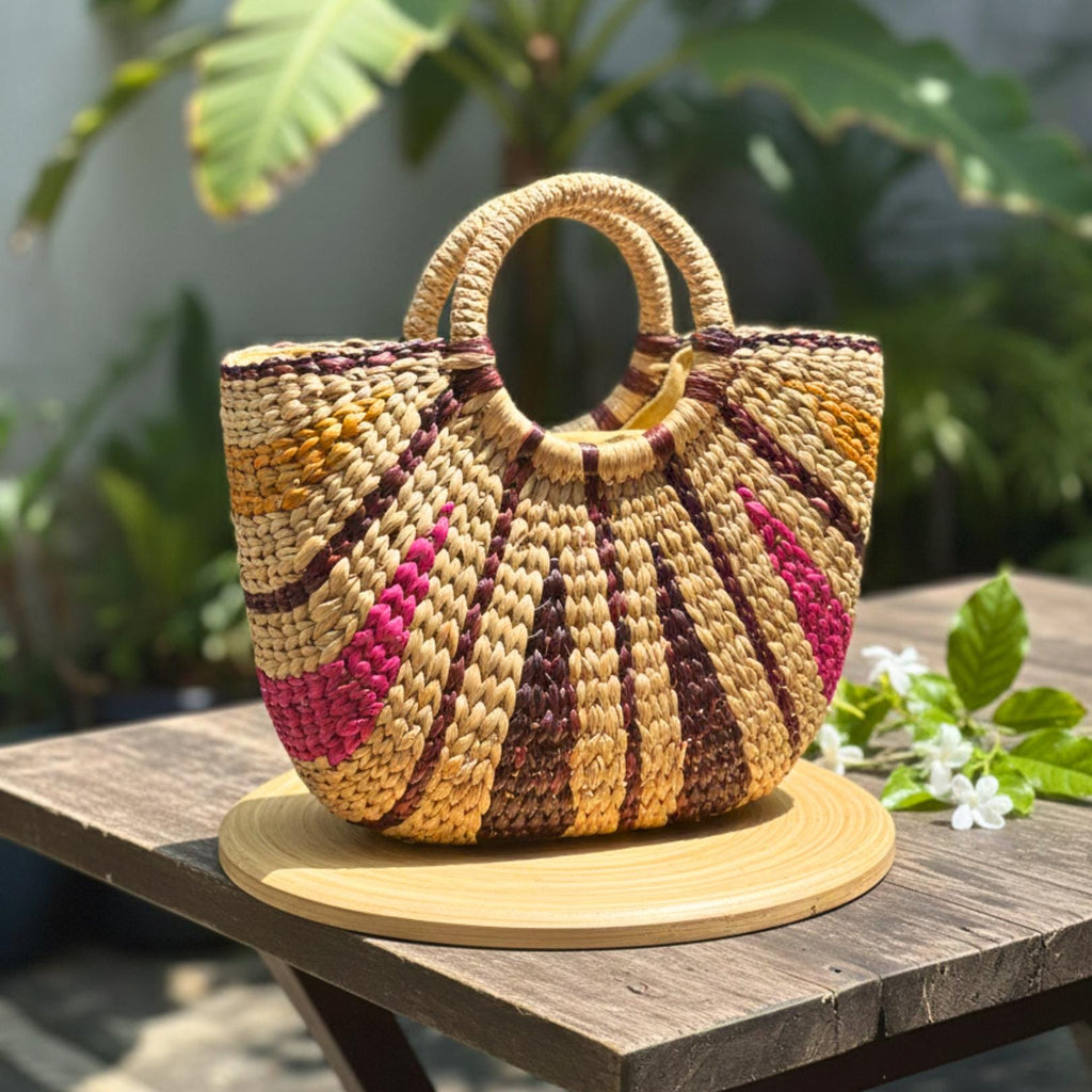Hand Woven Wicker Handbag: Rustic Boho Tote with Round Handles