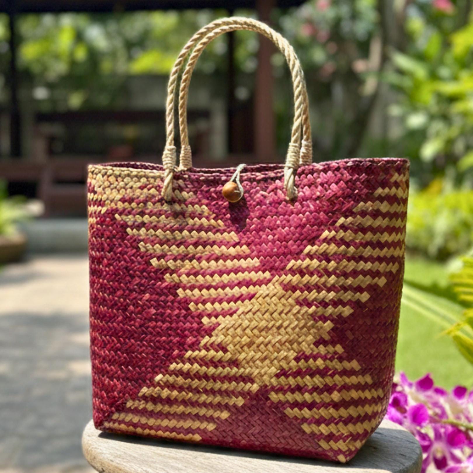 Hand Woven Rattan Square Tote Bag: Boho Wicker Handbag with Rope Handles