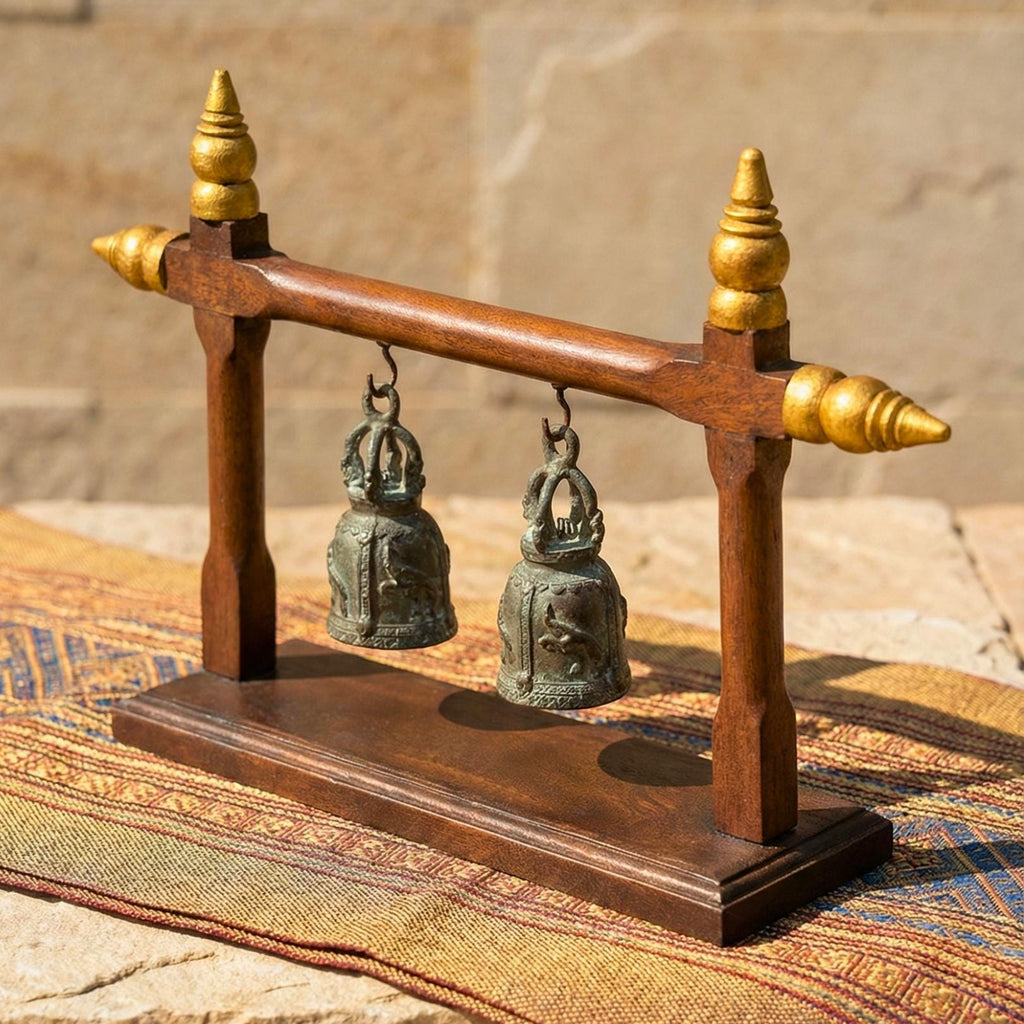 Hand Carved Teak Wood Double Bell Frame: Traditional Thai Temple Decor