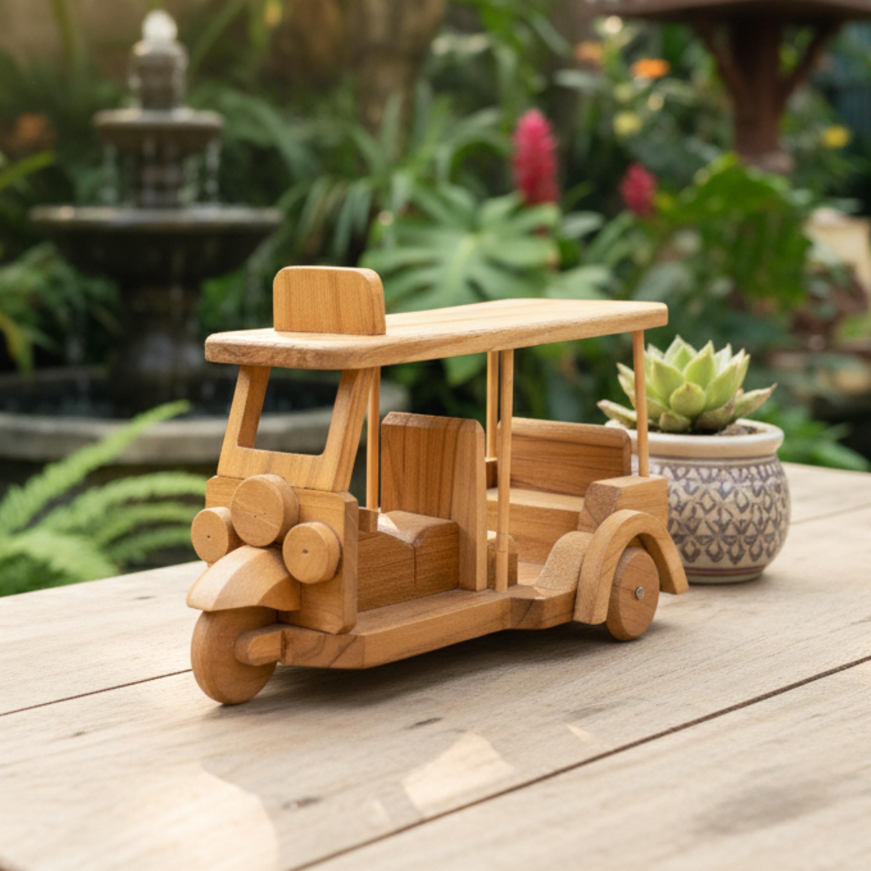 Large Wooden Tuk Tuk Sculpture Carved Wood Thai Folk Art Decor Handcrafted Gift