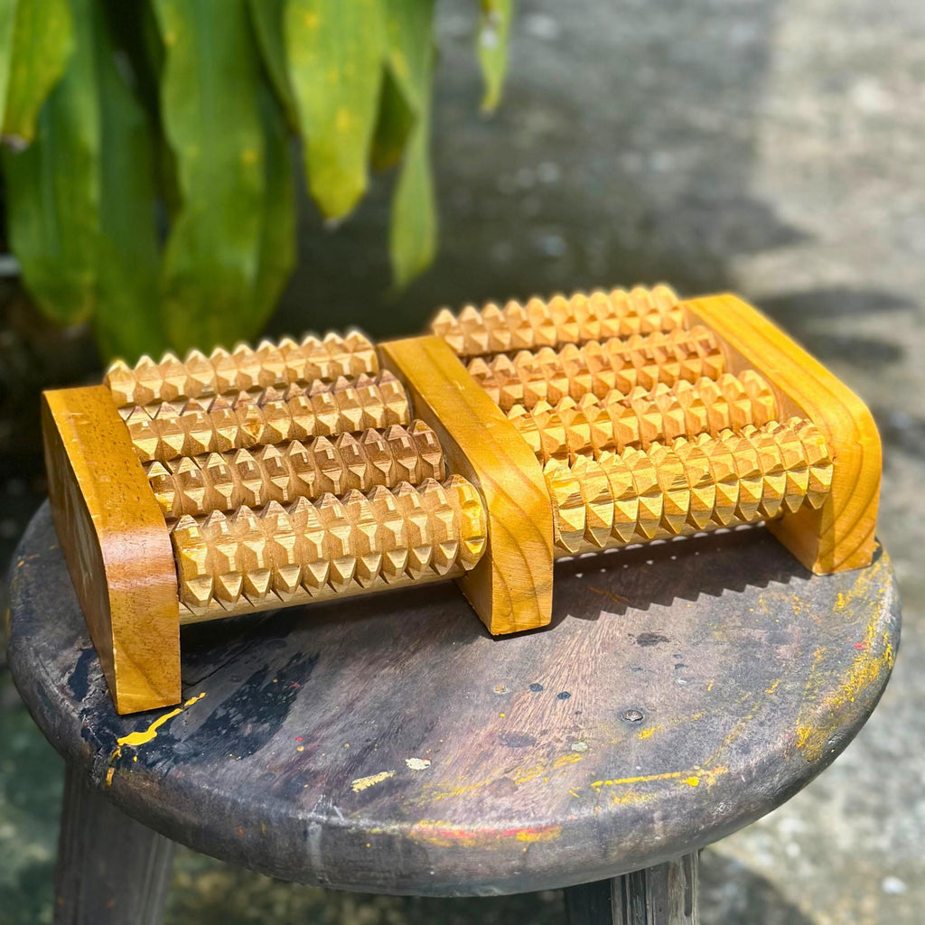 Wooden Foot Massage Roller Dual Reflexology Acupressure Tool Thai Wellness Gift