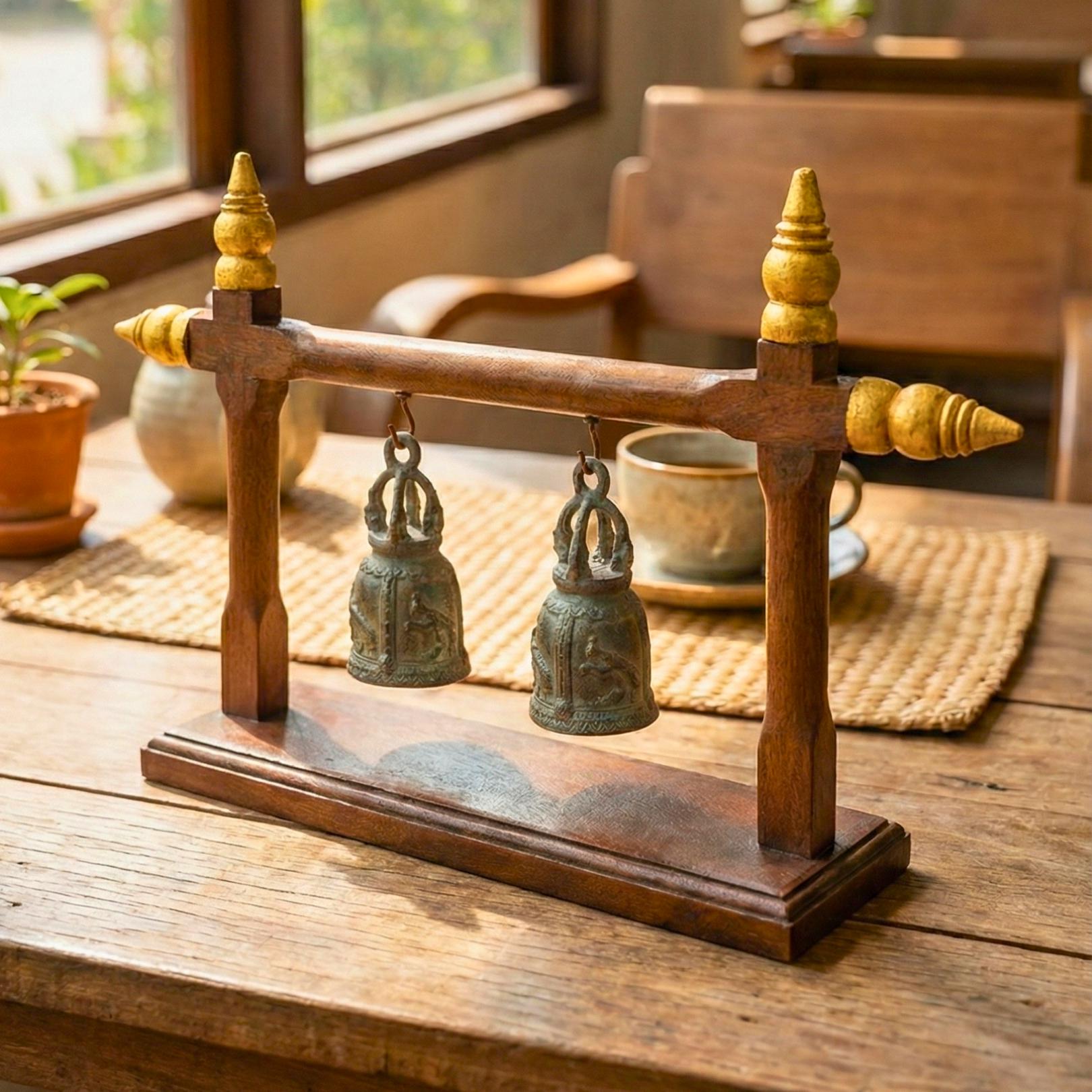Hand Carved Teak Wood Double Bell Frame: Traditional Thai Temple Decor