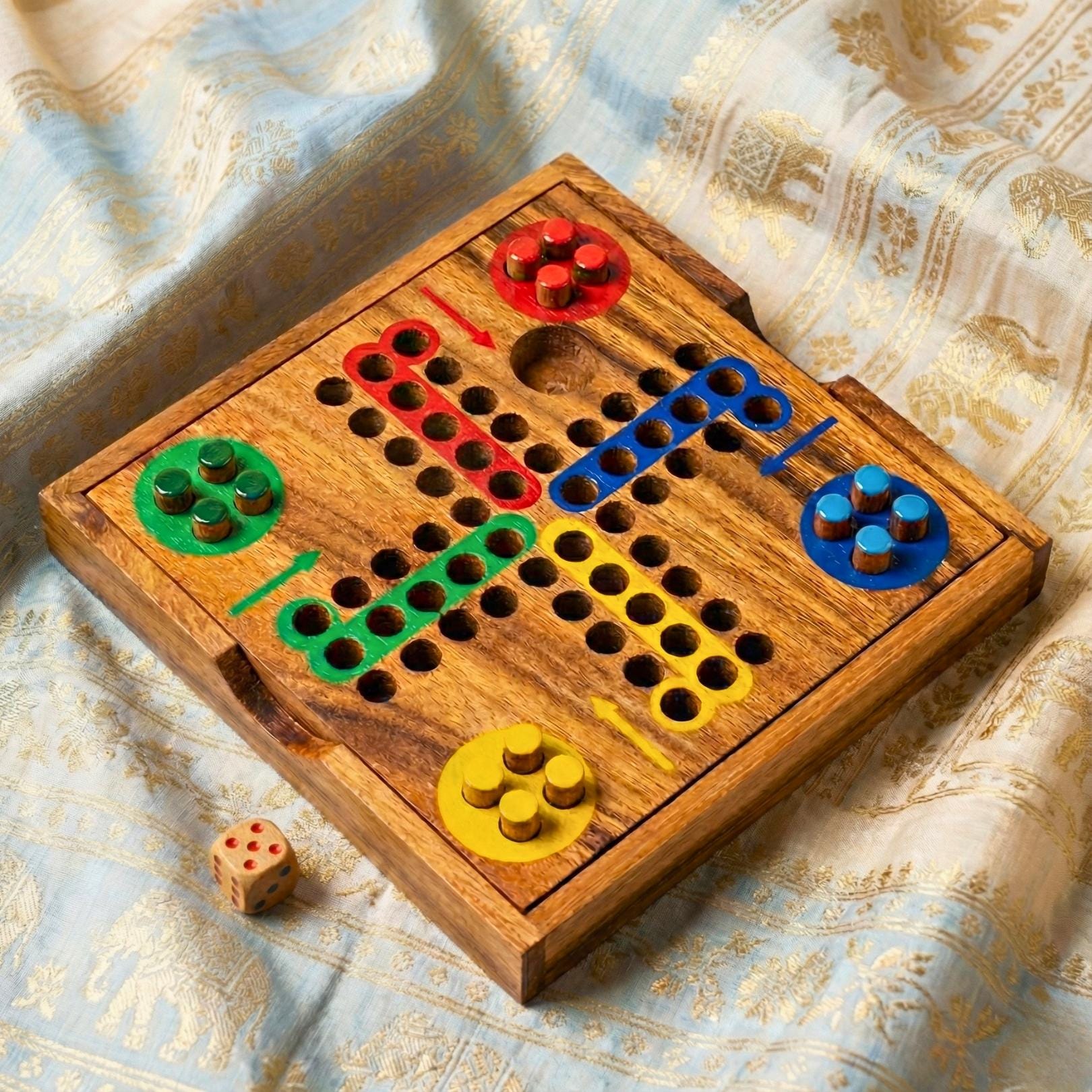 Hand Carved Wood Ludo Game Set: Rustic Portable Board Game Toy