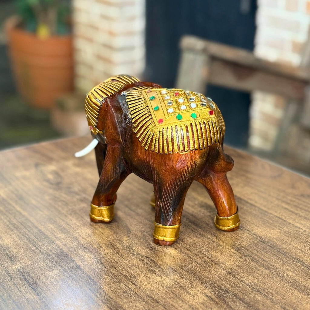 Wooden Elephant Sculpture, Handcarved Thai Decor: Golden Elephant Figurine, Cultural Folk Art Accent