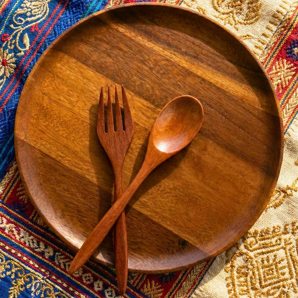 Hand Carved Upcycled Teak Wood Dinnerware Set: Rustic Plate, Fork & Spoon Trio
