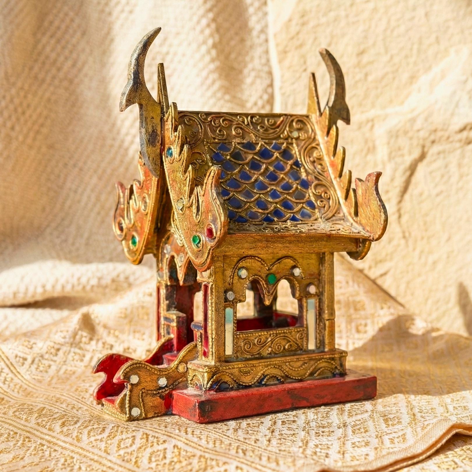Hand Painted Thai Teak Wood Spirit House: Traditional Temple Shrine, Folk Art