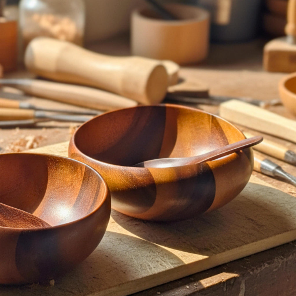 Hand Carved Wood Bowl Set- Rustic Soup & Cereal Bowls
