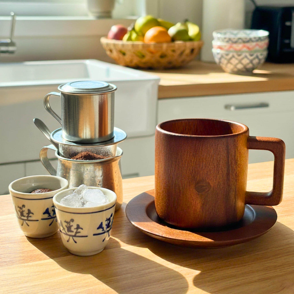 Hand Carved Wood Coffee Mug and Saucer Set: Rustic Teak Wood Teaware
