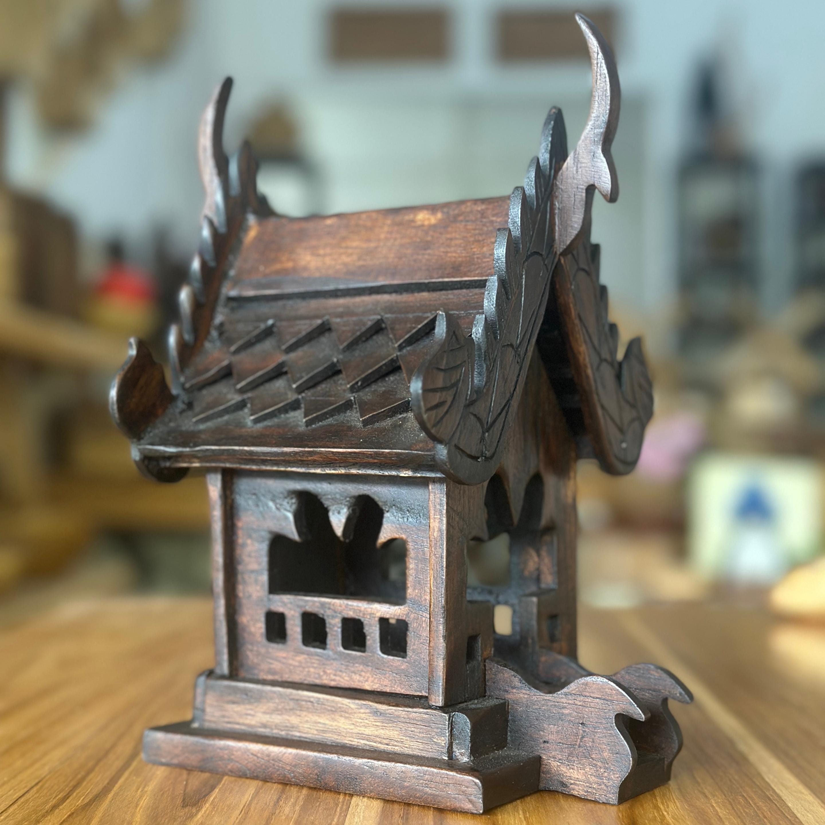 Hand Carved Teak Wood Spirit House Shrine: Traditional Thai Home Temple Decor