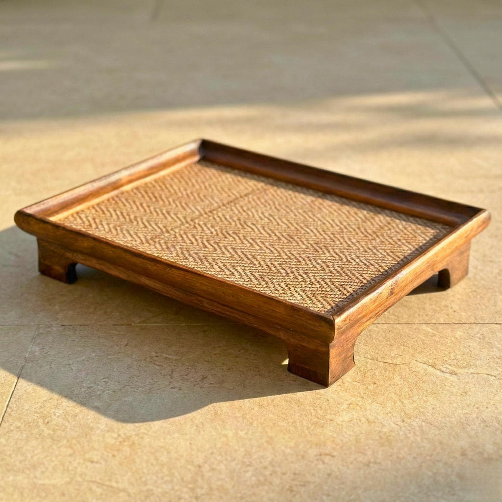 Handcrafted Hardwood Serving Tray: Woven Rattan Elevated Riser for Serving & Tea Set Display