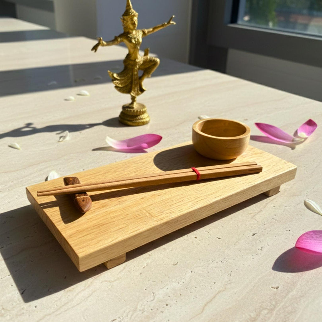 Hand Carved Wood Sushi Platter Set: Minimalist Light Wood Teaware