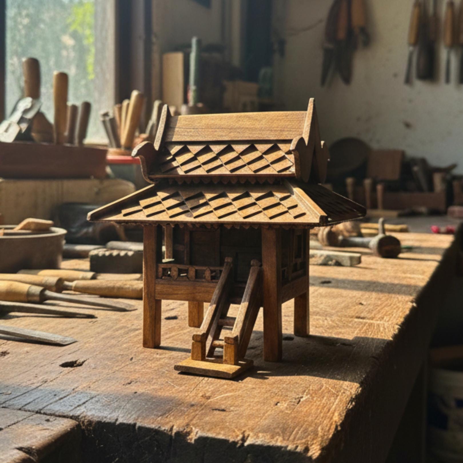 Hand Carved Teak Wood Spirit House: Traditional Thai Architectural Miniature