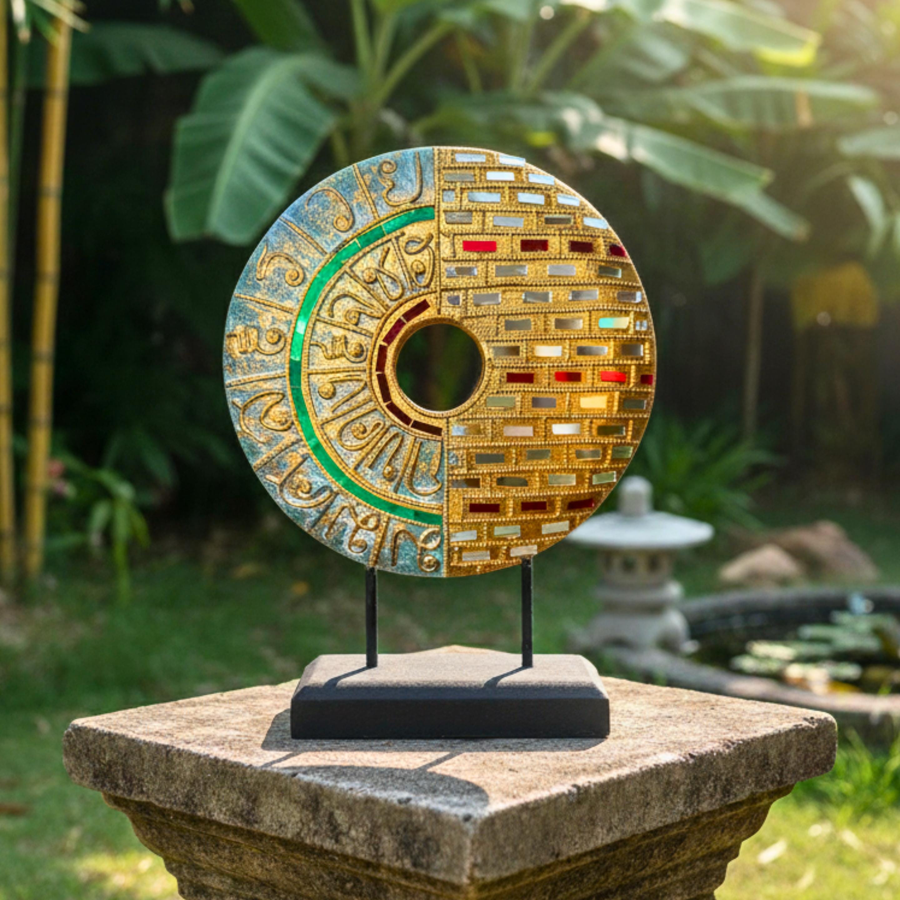 Handcrafted Mandala Disc Geometric Mosaic: Thai Folk Art Inlaid Sculpture