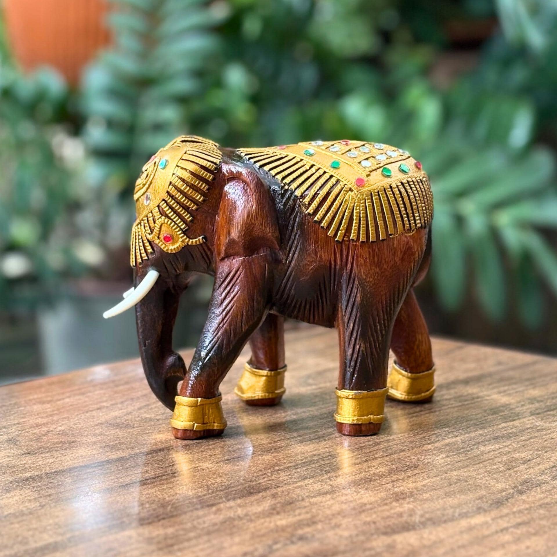 Wooden Elephant Sculpture, Handcarved Thai Decor: Golden Elephant Figurine, Cultural Folk Art Accent