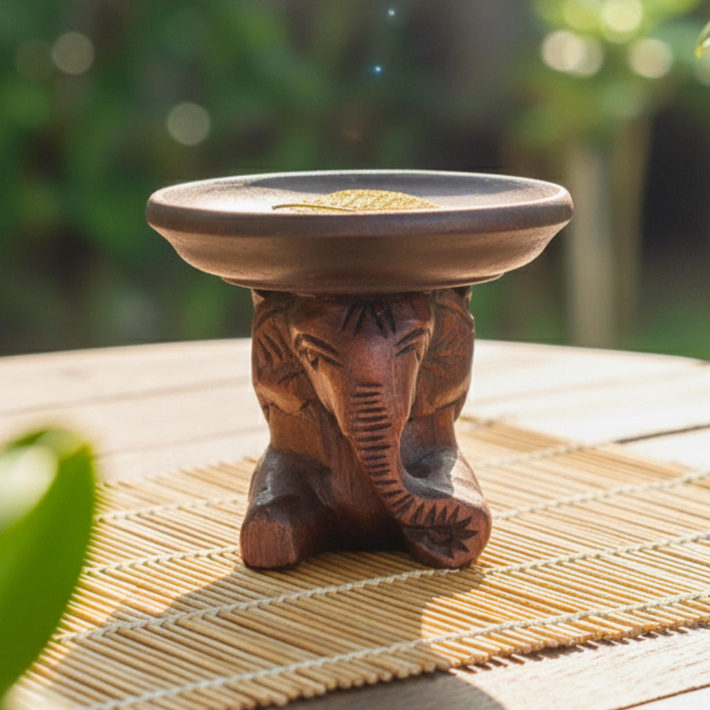 Hand Carved Elephant Pedestal Dish: Wood Soap Holder Spa Accessory