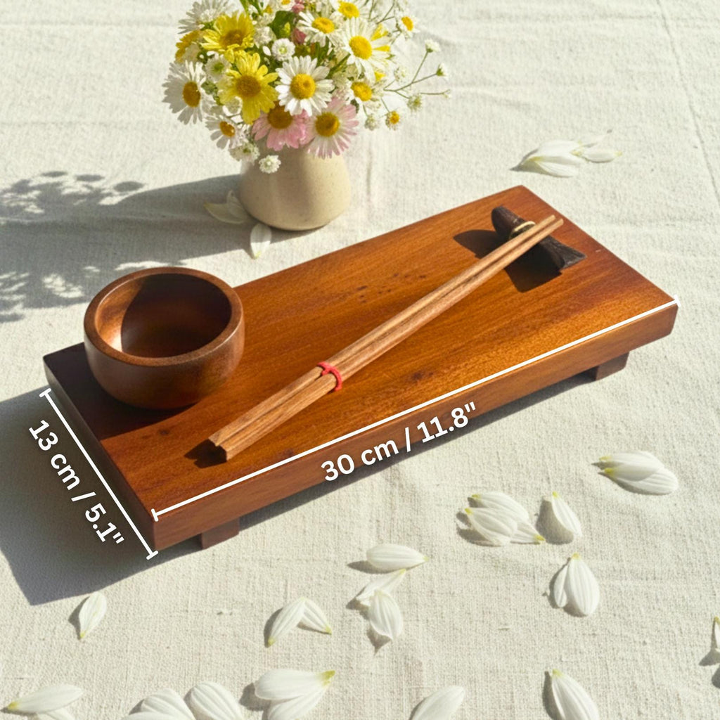 Hand Carved Wood Sushi Serving Platter: Warm Tone Asian Fusion Tableware