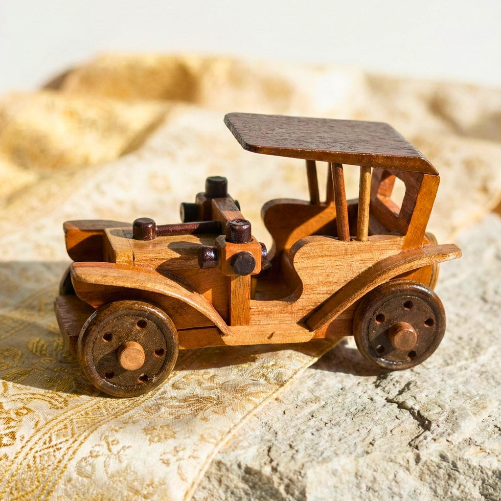 Hand Carved Wood Model-T Car: Antique Vintage Automobile Desk Decor